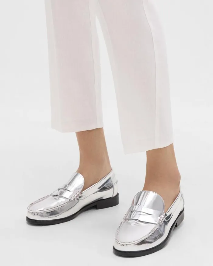 Theory City Loafer In Metallic Leather Silver Women Shoes