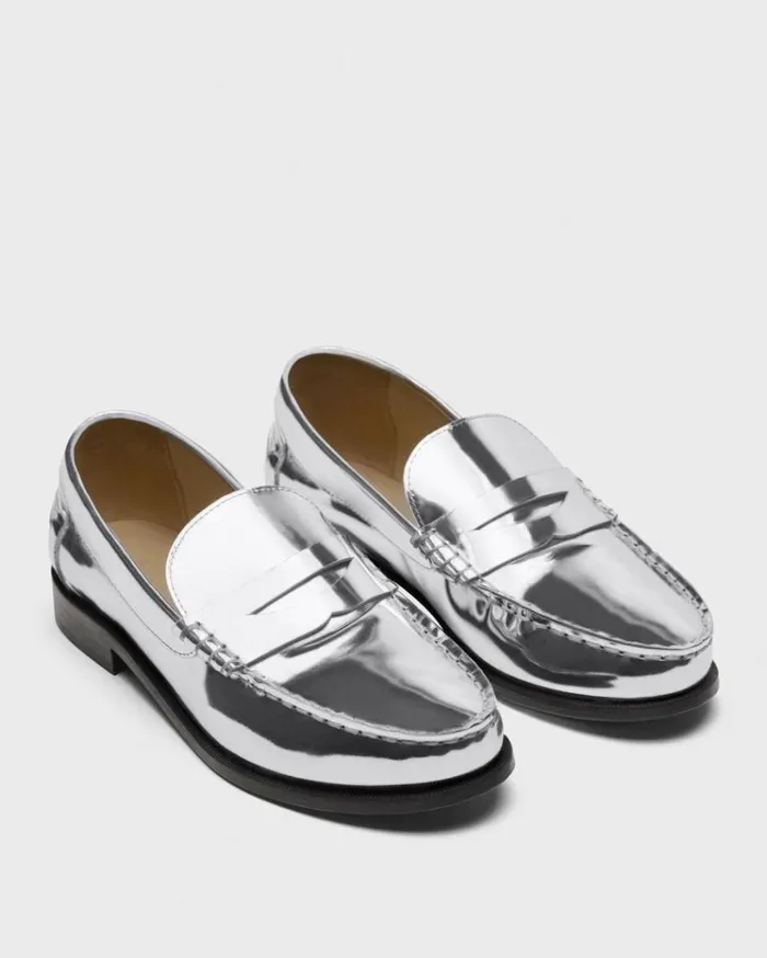 Theory City Loafer In Metallic Leather Silver Women Shoes