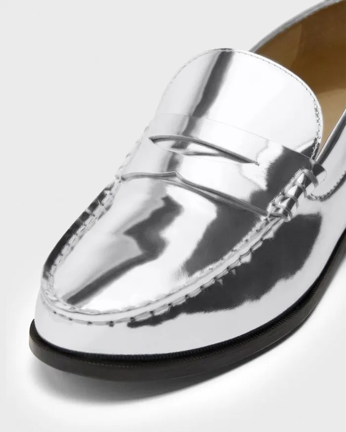 Theory City Loafer In Metallic Leather Silver Women Shoes