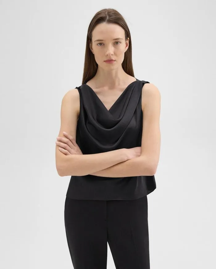 Theory Cowl Neck Top In Crushed Satin Black Women Tops