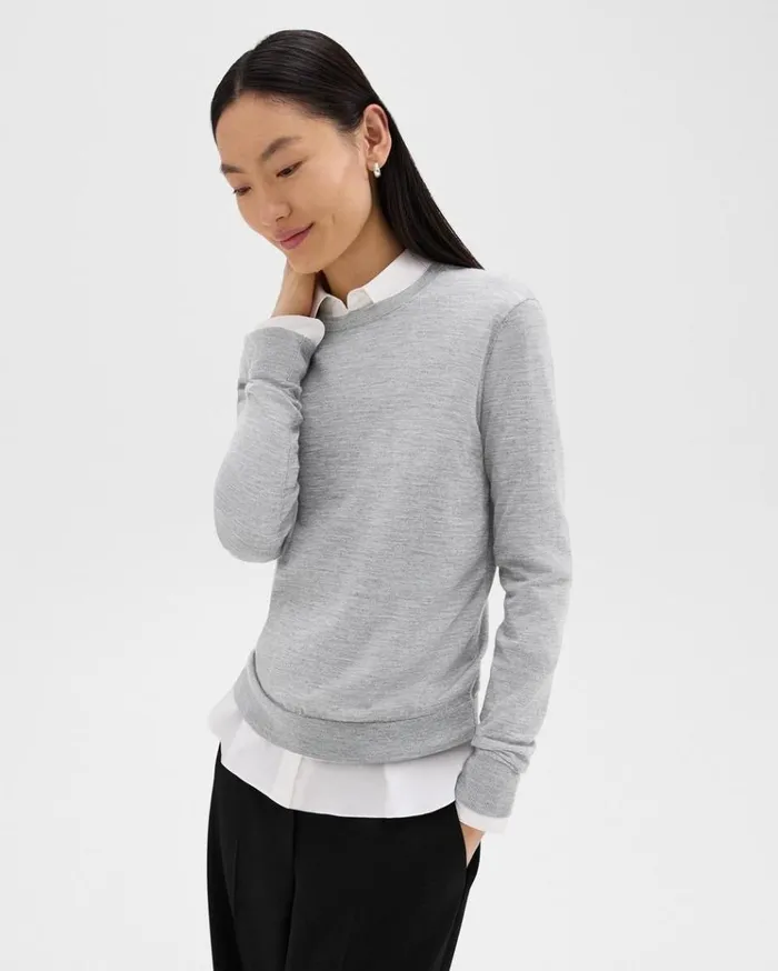 Theory Crewneck Sweater In Regal Wool Frosted Grey Heather Women Sweaters Cardigans