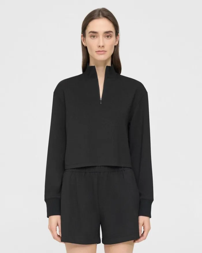 Theory Cropped HalfZip Sweatshirt In DoubleKnit Jersey Black Women Tops