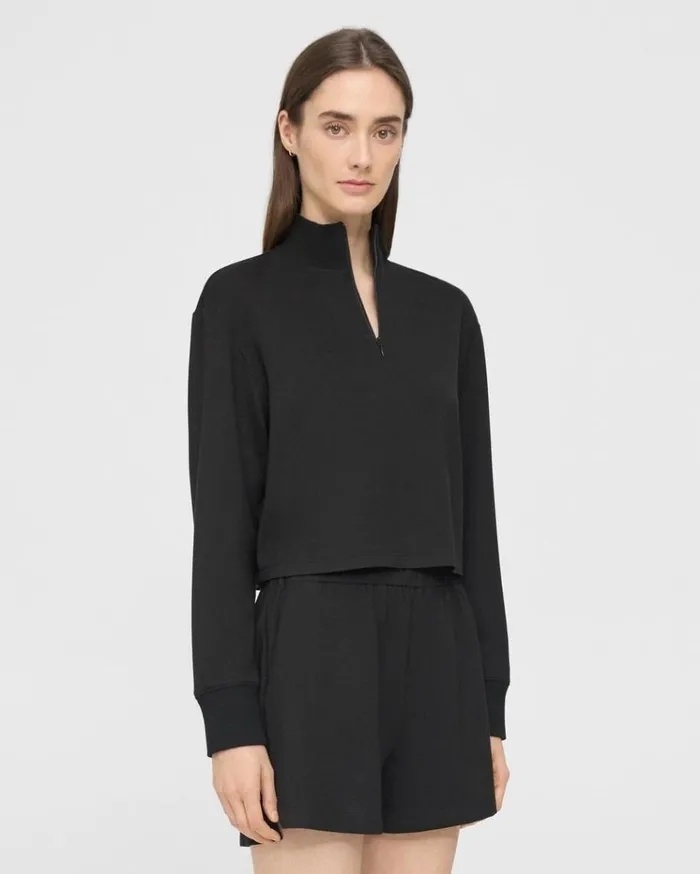 Theory Cropped HalfZip Sweatshirt In DoubleKnit Jersey Black Women Tops Theory Cropped HalfZip Sweatshirt In DoubleKnit Jersey Black Women Tops