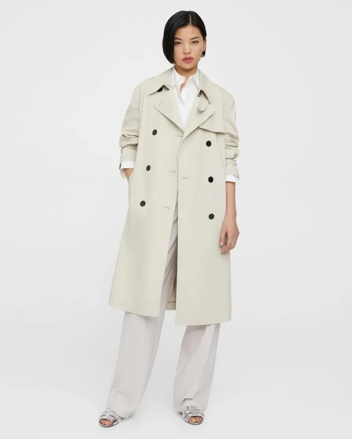 Theory DoubleBreasted Trench Coat In CottonBlend Sand Women Outerwear Theory DoubleBreasted Trench Coat In CottonBlend Sand Women Outerwear
