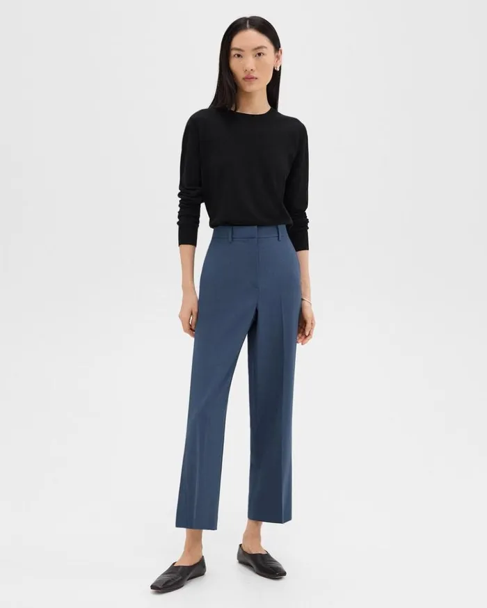 Theory HighWaist StraightLeg Pant In Good Wool Ash Blue Women Pants