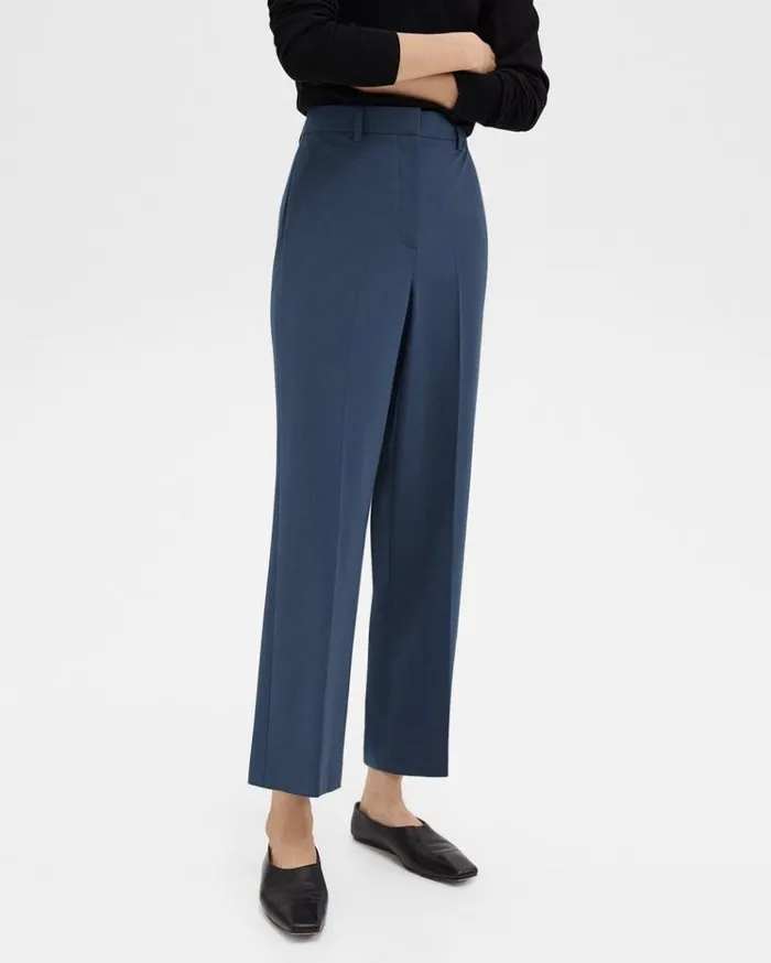 Theory HighWaist StraightLeg Pant In Good Wool Ash Blue Women Pants