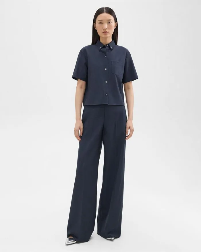Theory HighWaist WideLeg Pant In Good Wool Nocturne Navy Women Pants