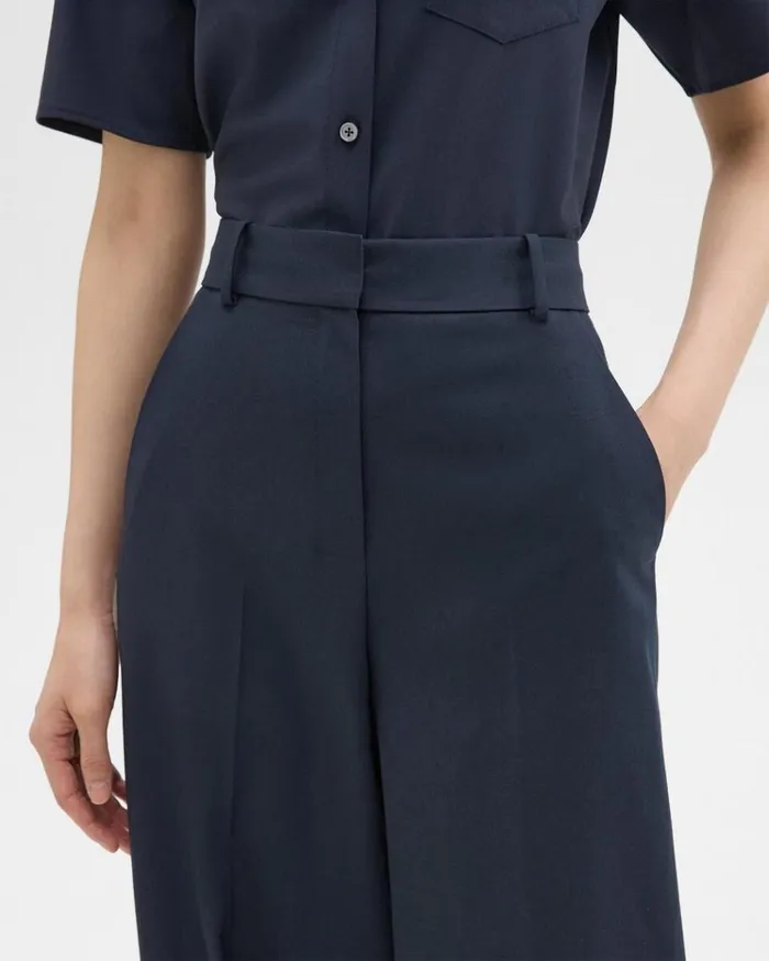 Theory HighWaist WideLeg Pant In Good Wool Nocturne Navy Women Pants