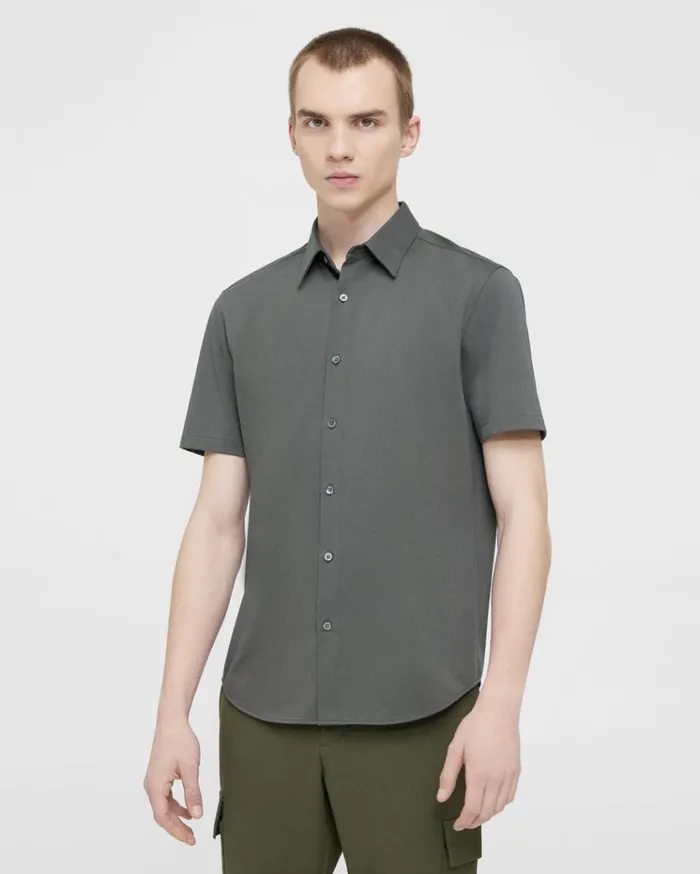 Theory Irving ShortSleeve Shirt In Structure Knit Dark Olive Men Shirts
