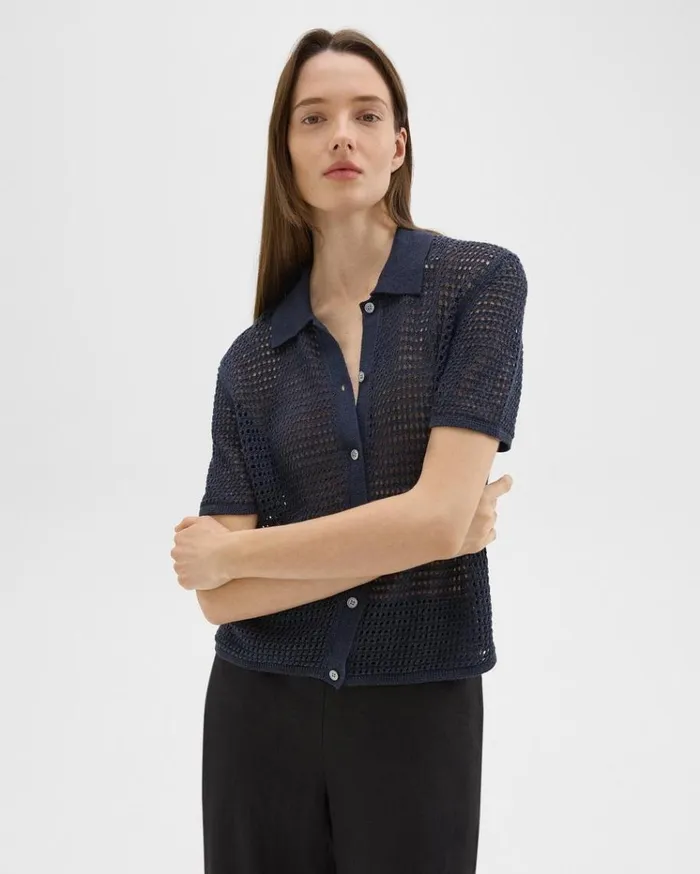 Theory Mesh ShortSleeve Shirt In LinenViscose Nocturne Navy Women Sweaters Cardigans