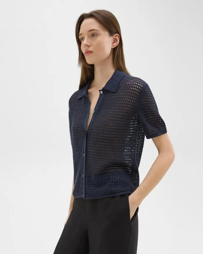Theory Mesh ShortSleeve Shirt In LinenViscose Nocturne Navy Women Sweaters Cardigans