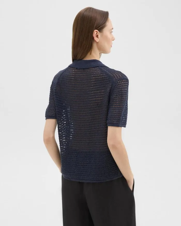 Theory Mesh ShortSleeve Shirt In LinenViscose Nocturne Navy Women Sweaters Cardigans