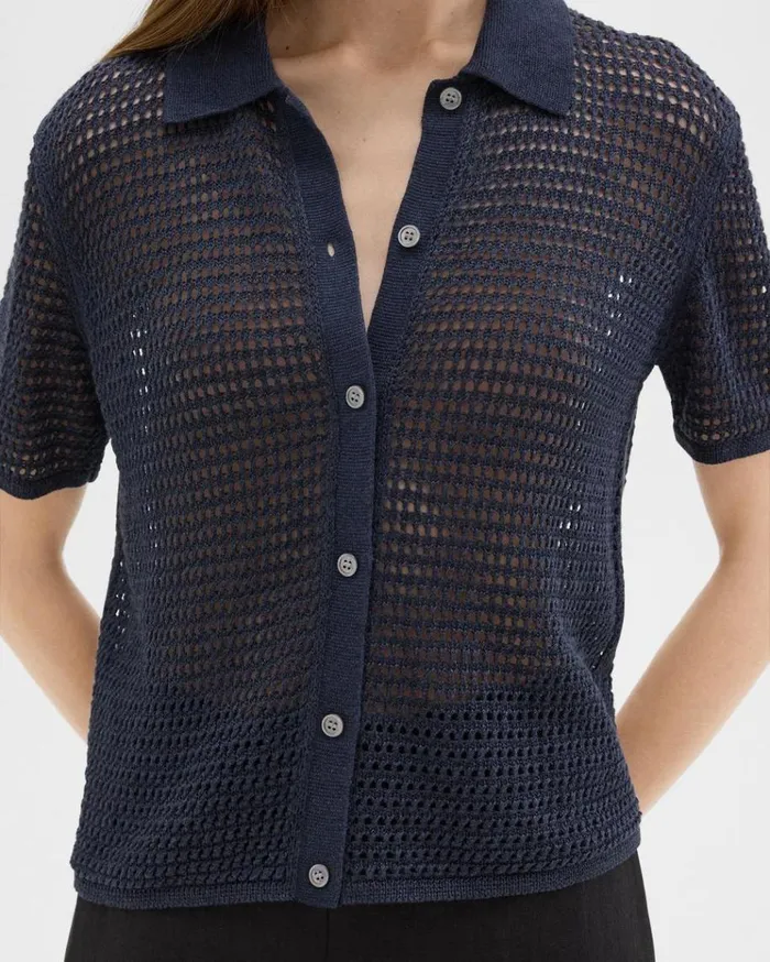 Theory Mesh ShortSleeve Shirt In LinenViscose Nocturne Navy Women Sweaters Cardigans