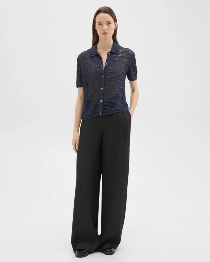 Theory Mesh ShortSleeve Shirt In LinenViscose Nocturne Navy Women Sweaters Cardigans