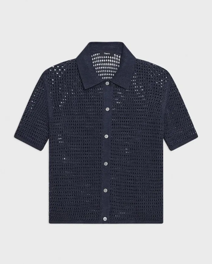 Theory Mesh ShortSleeve Shirt In LinenViscose Nocturne Navy Women Sweaters Cardigans