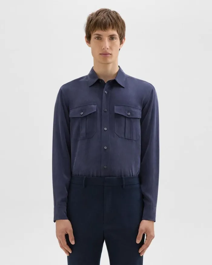 Theory Military Shirt In Fluid Twill Baltic Men Shirts