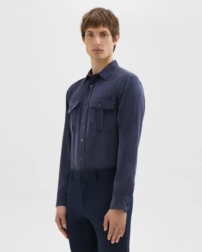 Theory Military Shirt In Fluid Twill Baltic Men Shirts Theory Military Shirt In Fluid Twill Baltic Men Shirts
