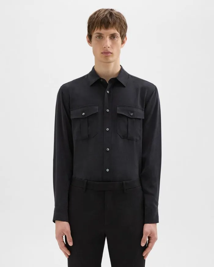 Theory Military Shirt In Fluid Twill Black Men Shirts