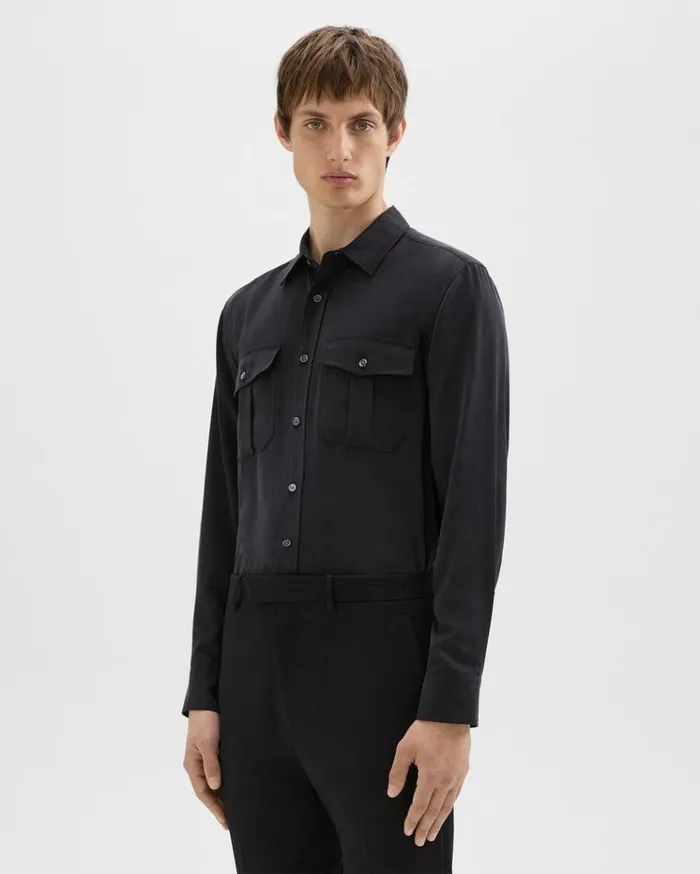 Theory Military Shirt In Fluid Twill Black Men Shirts