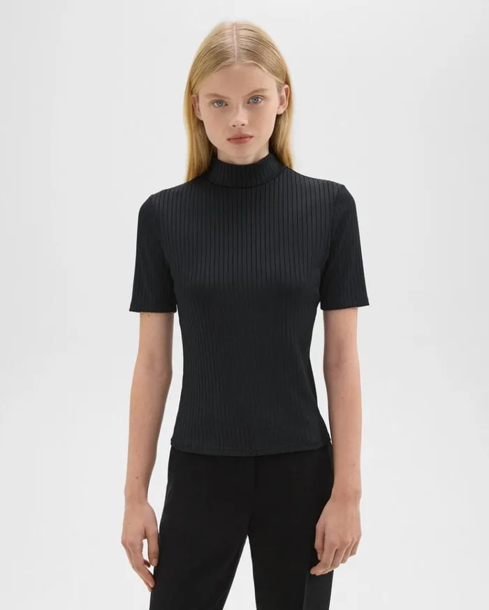 Theory Mock Neck ShortSleeve Top In Rib Knit Black Women TShirts Tank Tops