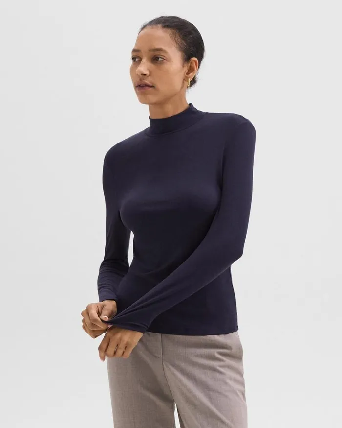 Theory Mock Neck Top In Rib Knit Viscose Deep Navy Women TShirts Tank Tops