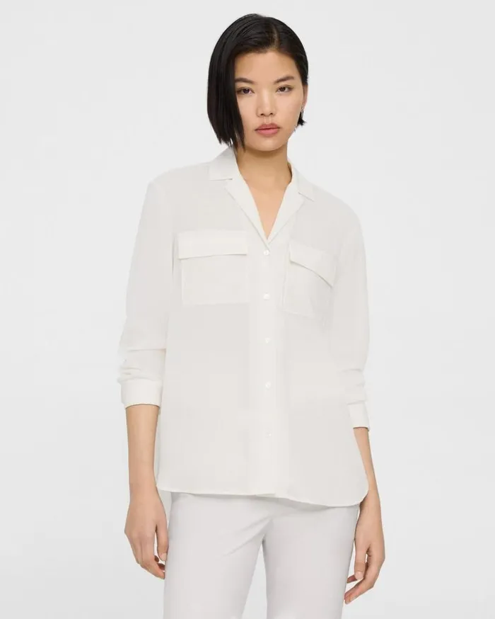 Theory Oversized Patch Pocket Shirt In Relaxed Linen White Women Tops