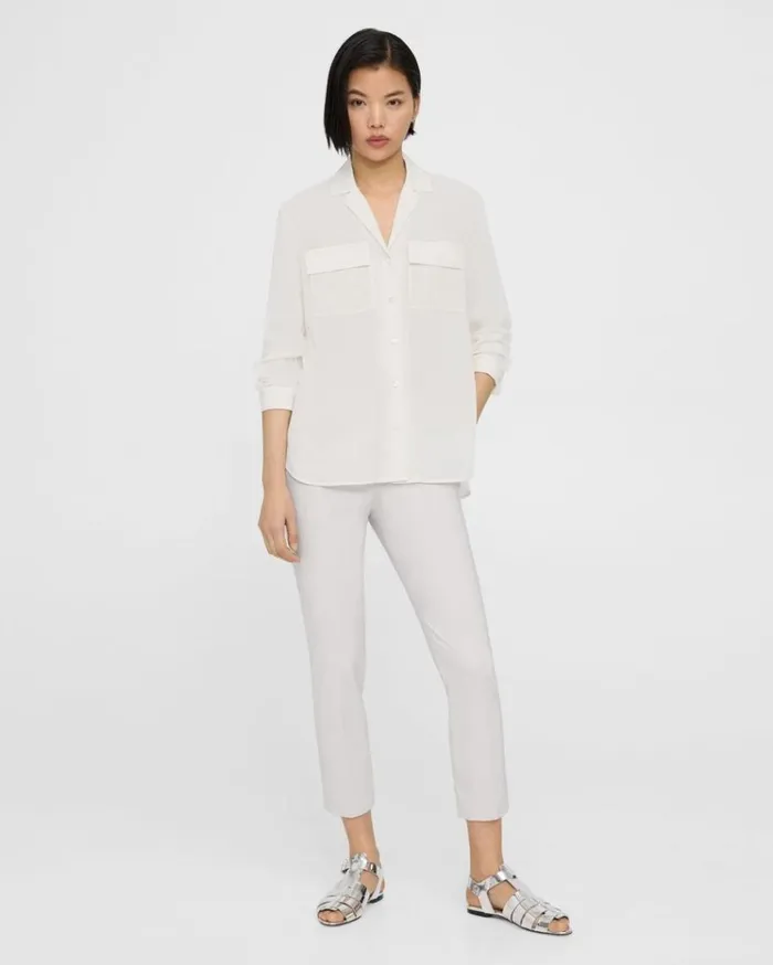 Theory Oversized Patch Pocket Shirt In Relaxed Linen White Women Tops
