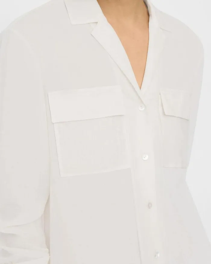 Theory Oversized Patch Pocket Shirt In Relaxed Linen White Women Tops
