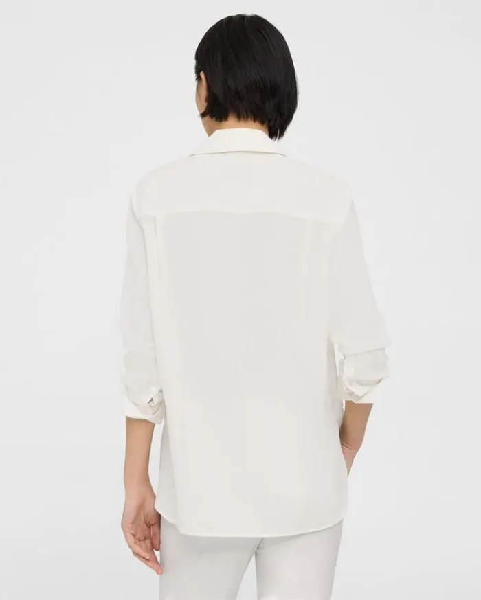 Theory Oversized Patch Pocket Shirt In Relaxed Linen White Women Tops