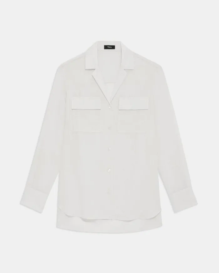 Theory Oversized Patch Pocket Shirt In Relaxed Linen White Women Tops
