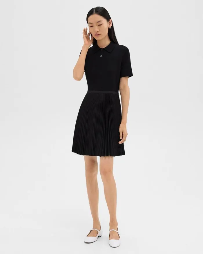 Theory Pleated Combo Polo Dress In Stretch WoolBlend Black Women Dresses