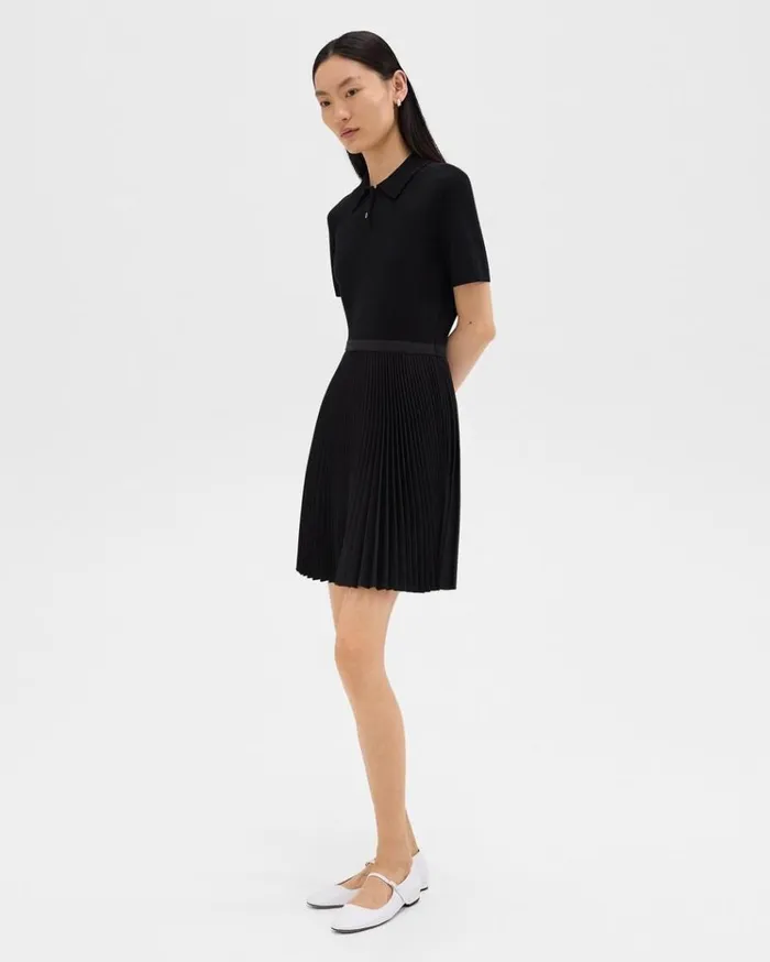 Theory Pleated Combo Polo Dress In Stretch WoolBlend Black Women Dresses Theory Pleated Combo Polo Dress In Stretch WoolBlend Black Women Dresses