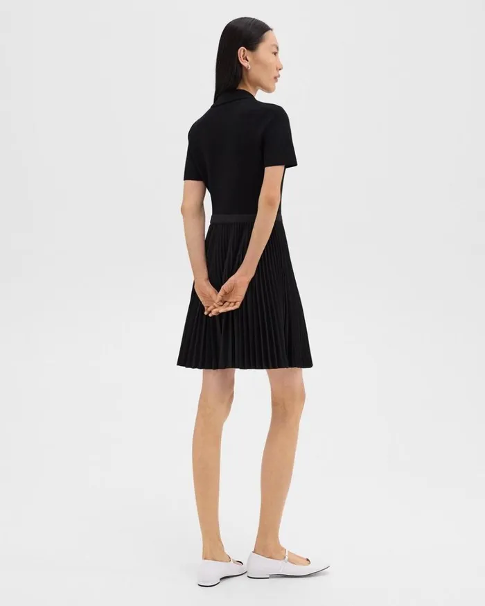 Theory Pleated Combo Polo Dress In Stretch WoolBlend Black Women Dresses Theory Pleated Combo Polo Dress In Stretch WoolBlend Black Women Dresses