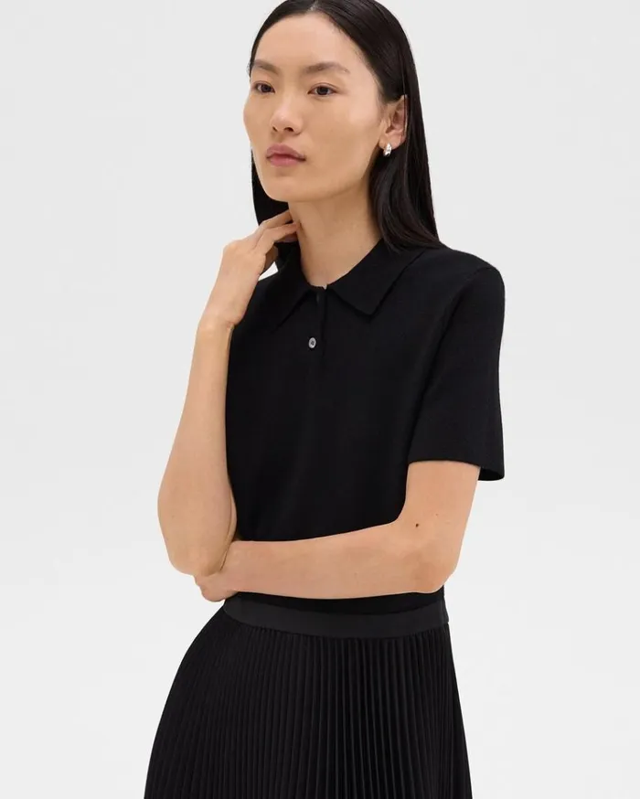 Theory Pleated Combo Polo Dress In Stretch WoolBlend Black Women Dresses Theory Pleated Combo Polo Dress In Stretch WoolBlend Black Women Dresses
