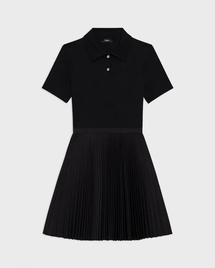 Theory Pleated Combo Polo Dress In Stretch WoolBlend Black Women Dresses Theory Pleated Combo Polo Dress In Stretch WoolBlend Black Women Dresses