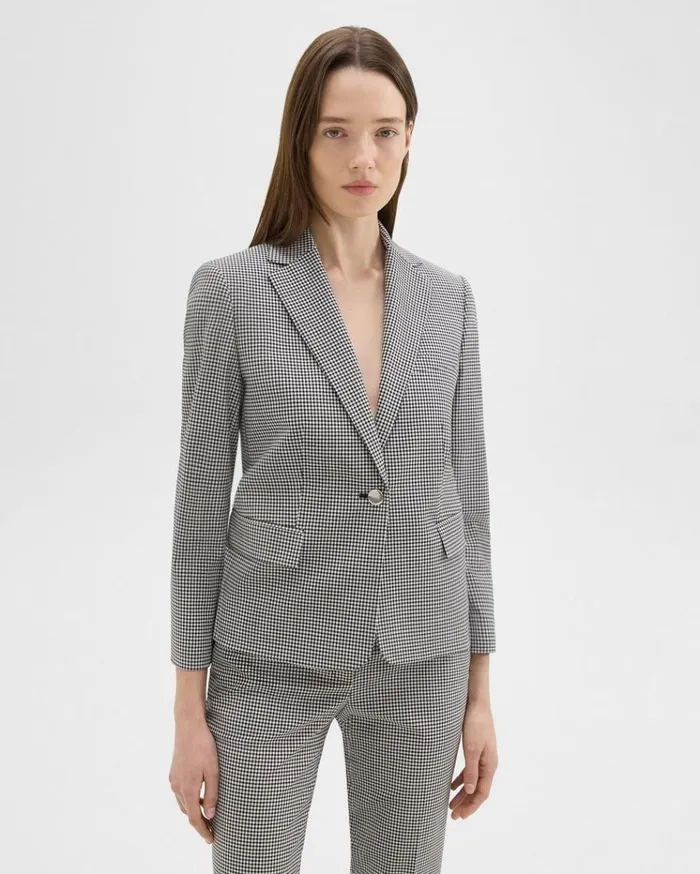 Theory Slim Blazer In Checked Stretch Wool Black Multi Women Suits