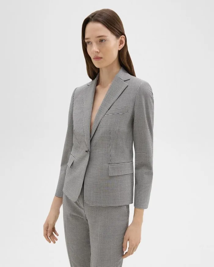 Theory Slim Blazer In Checked Stretch Wool Black Multi Women Suits