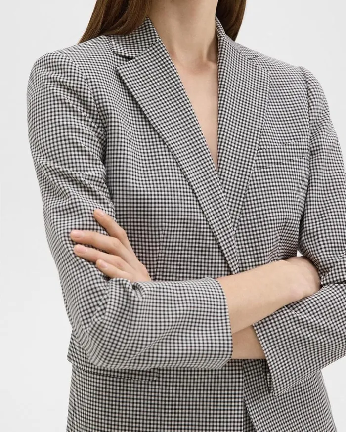 Theory Slim Blazer In Checked Stretch Wool Black Multi Women Suits