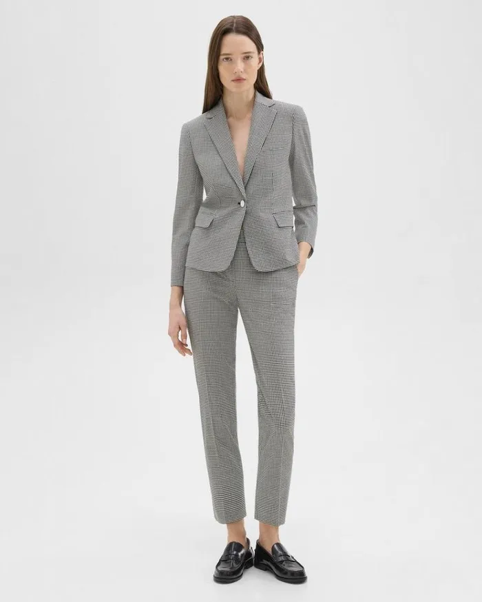 Theory Slim Blazer In Checked Stretch Wool Black Multi Women Suits