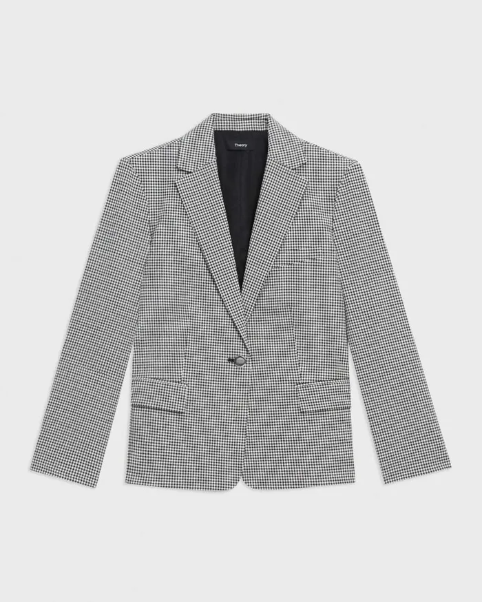 Theory Slim Blazer In Checked Stretch Wool Black Multi Women Suits