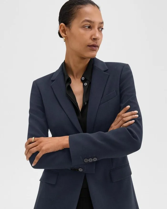 Theory Staple Blazer In Admiral Crepe Nocturne Navy Women Suits
