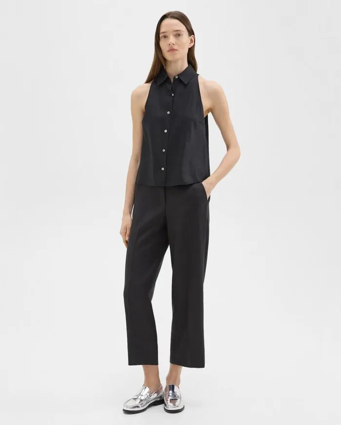 Theory Straight PullOn Pant In LinenViscose Black Women Pants