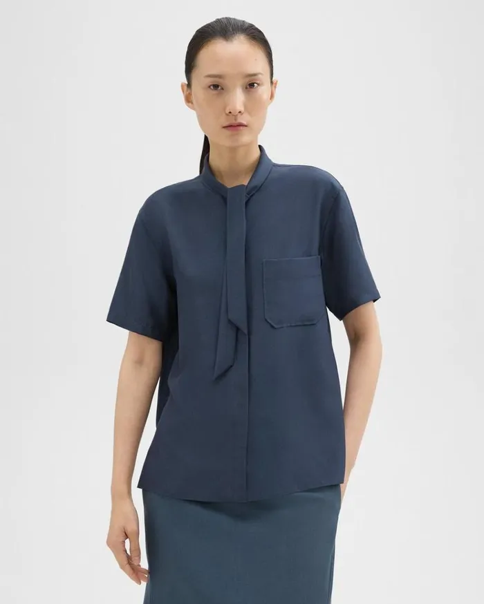 Theory Tie Neck Silk Shirt Eclipse Women Tops