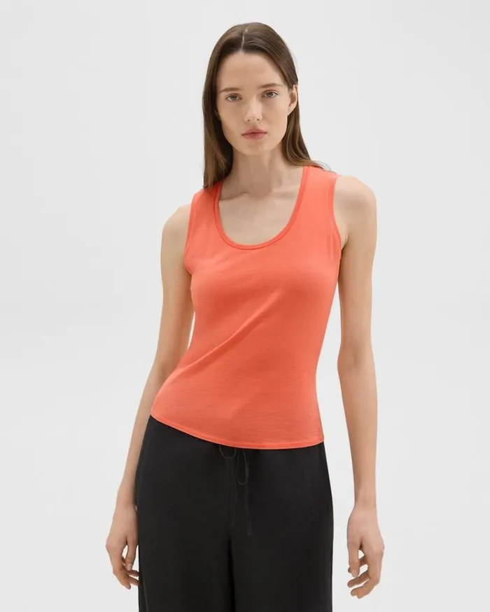 Theory Tiny Tank In Organic Cotton Bright Coral Women TShirts Tank Tops