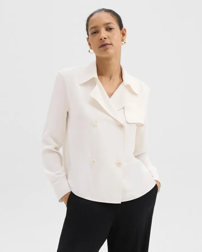 Theory Trench Blouse In Recycled Georgette Ivory Women Tops