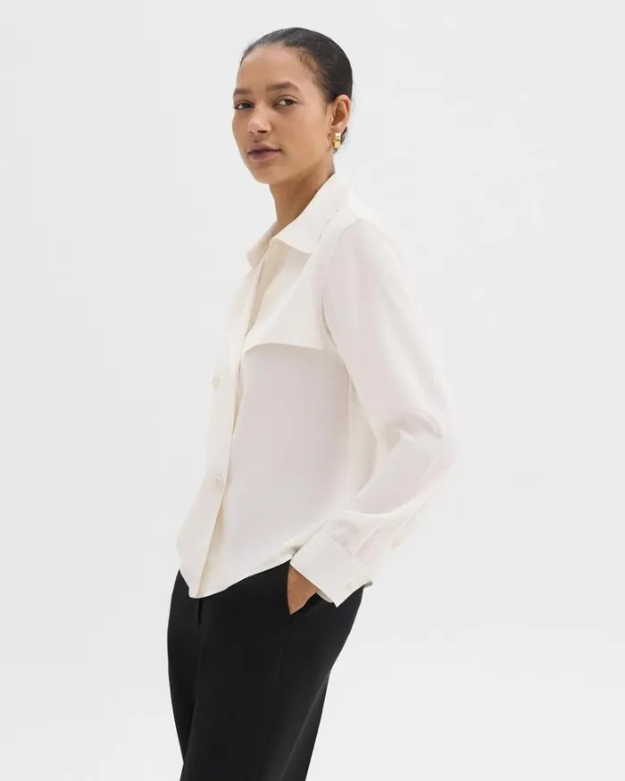 Theory Trench Blouse In Recycled Georgette Ivory Women Tops