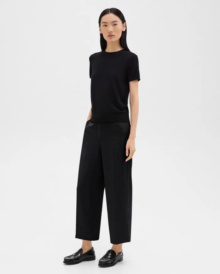 Theory Wide Leg PullOn Pant In Crushed Satin Black Women Pants