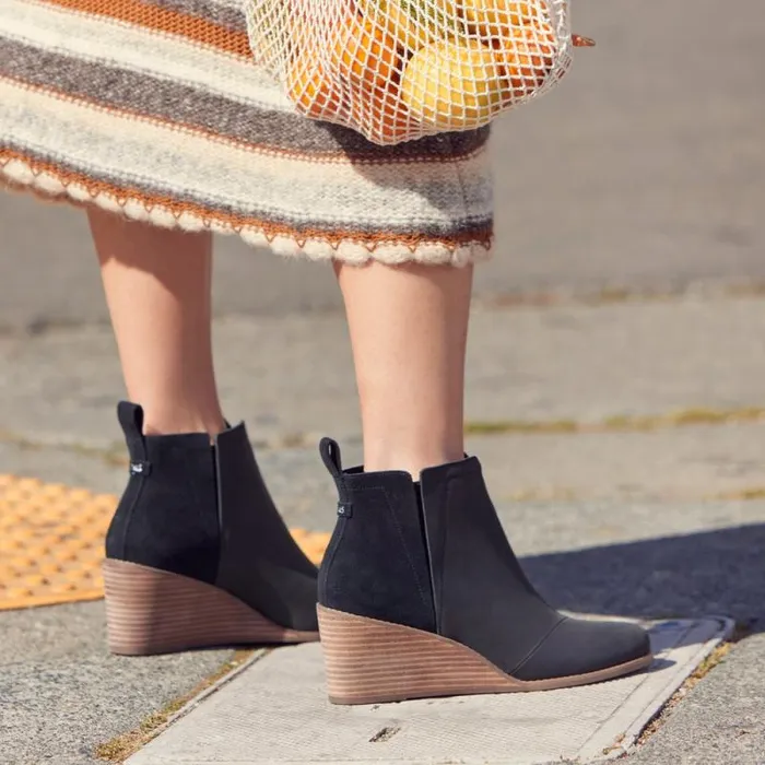 Toms Boots and Booties Clare Wedge Boot Black Leather 8211 Women Toms Boots and Booties Clare Wedge Boot Black Leather 8211 Women