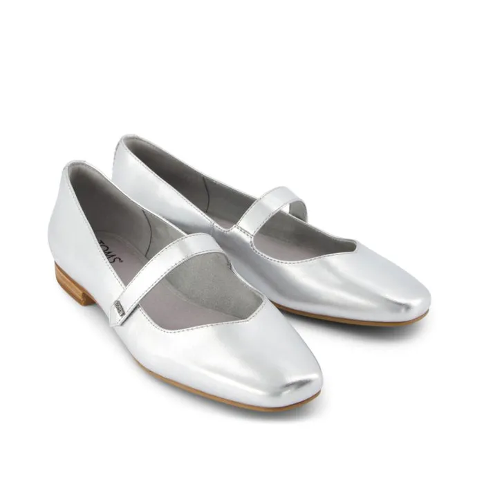 Toms Flats and Loafers Bianca Flat Silver Metallic Leather 8211 Women