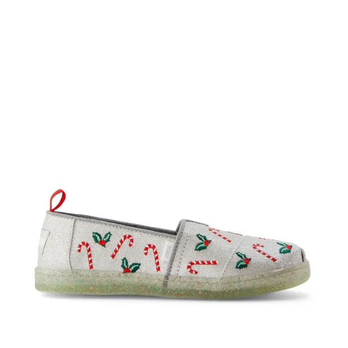 Toms TOMS Classics Alpargata Kids Shoe Silver Shimmer Embroidered Candy Canes 8211 WomenKids Toms TOMS Classics Alpargata Kids Shoe Silver Shimmer Embroidered Candy Canes 8211 WomenKids